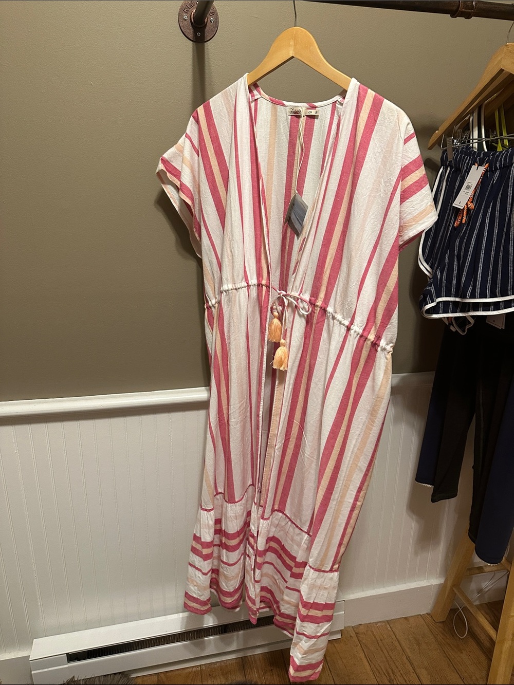 Faherty Cream and Pink Striped Tassel-Front Maxi Cover up for bathing suit